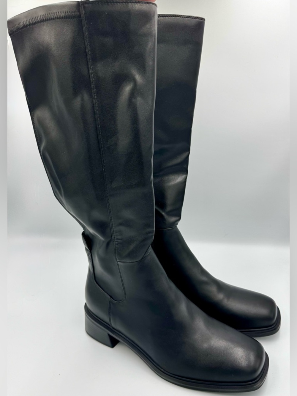 Black Vegan Leather Square Toe Knee High Boots Block Heel Size 10